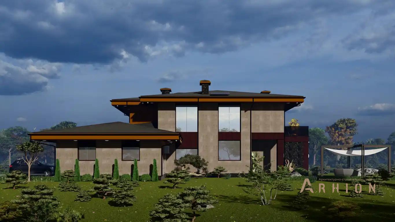 3. Проект двухэтажного дома в современном стиле с четырехскатной, h-1615, площадью - 726 кв c терассой, балконом, гаражом, вторым светом